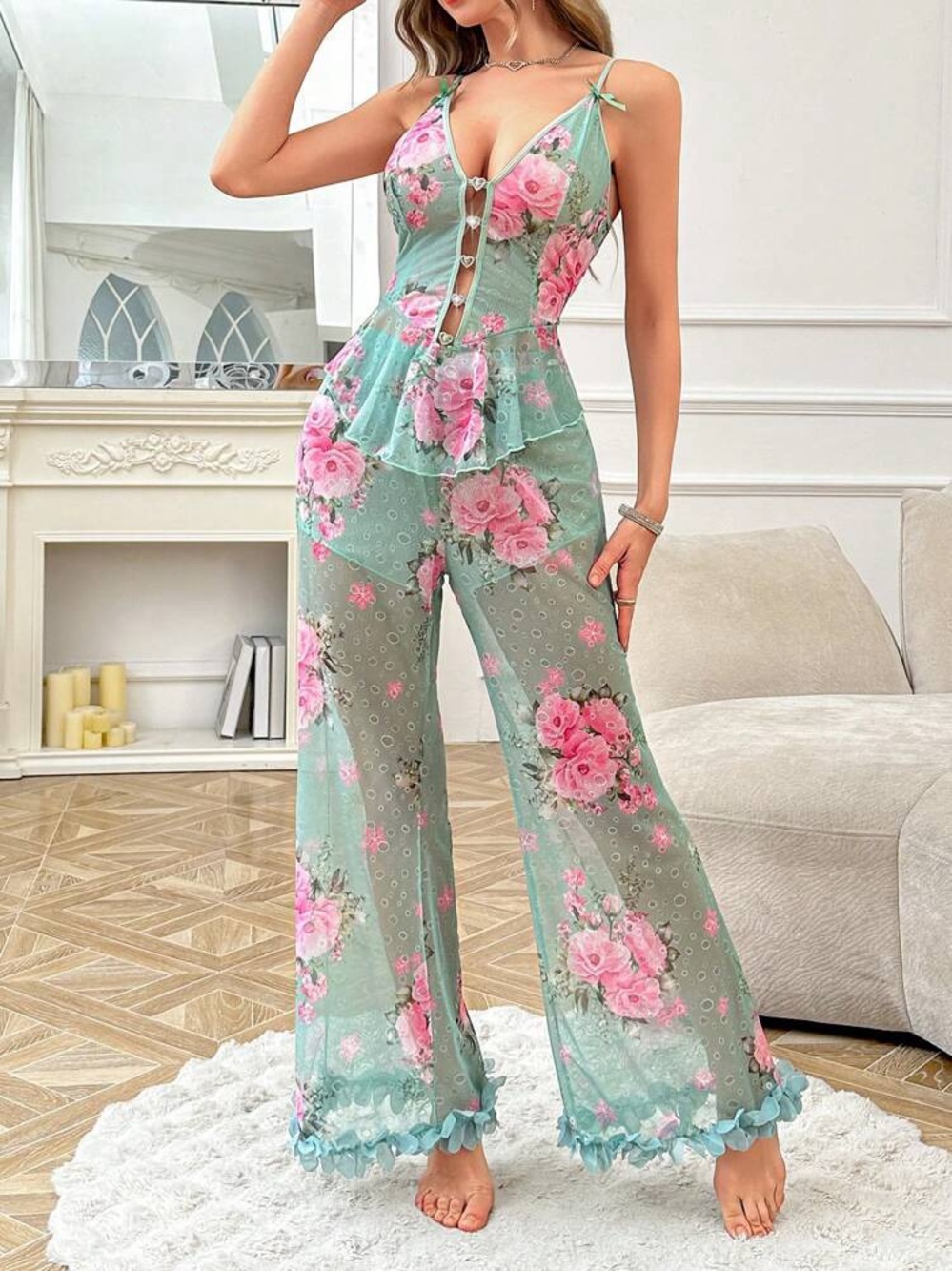 SHEIN Mint Green Floral with Pink Roses Sexy Pajama set with petal hem pants